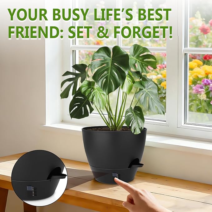 QRRICA Plant Pots 10/9/8/7.5/7 Inch Self Watering Pots, with Drainage Holes and Saucers,Water Level Indicator & Deep Reservoir,Large Plastic Planter for Indoor Out Door Plants (Pure Black)