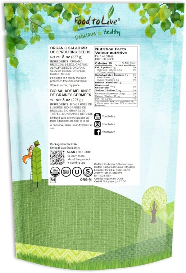 Food to Live Organic Salad Mix of Sprouting Seeds, 8 Ounces — Non-GMO Broccoli, Radish, Clover, Alfalfa. Rich Germination Rate, Non-Irradiated, Kosher, Vegan Superfood, Bulk, Rich in Sulforaphane