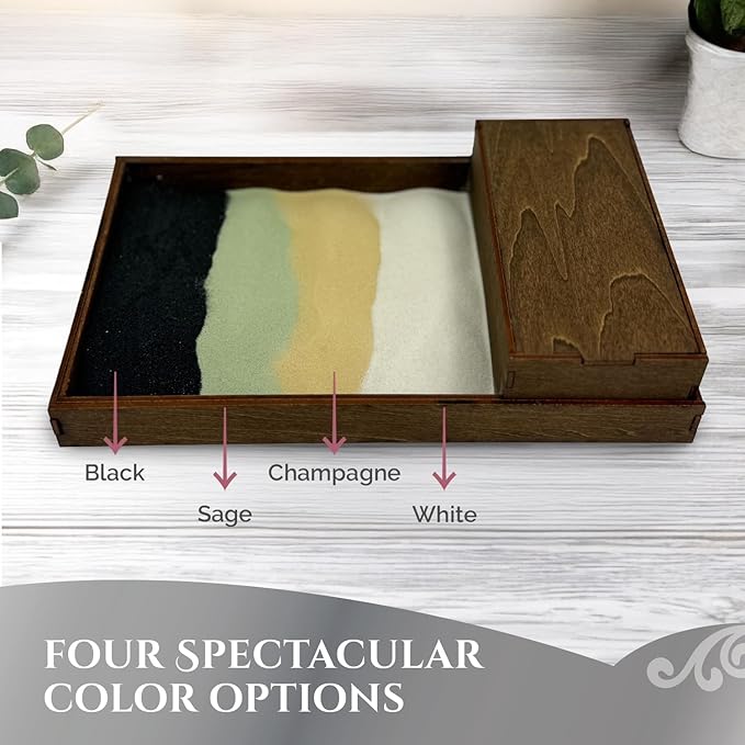 Wooden Zen Garden with Accessories Box | Moonless Night Black Sand with Rake & Accessories | Minimalist Decor Gift for Relaxation | Great for Storing Tools and Other Items