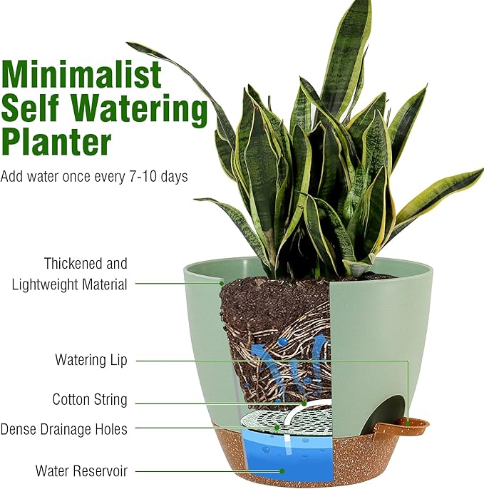 Large Self Watering Pots, 12/10/9 Plastic Planters with High Drainage Holes and Deep Reservoir for Indoor Outdoor Garden Plants and Flowers, Green with Brown