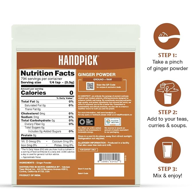 HANDPICK Ginger Powder (14oz/397g) No Additives, No Preservatives, No Fillers | Ginger Root Powder from India | Raw, Gluten Free, Non GMO | Perfect for Cooking, Baking | Resealable Zip Lock Pouch