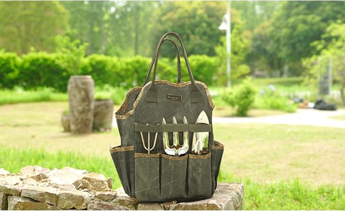 Tool Bag, Heavy Duty 16oz Waxed Canvas Garden Tool Tote - with 3 Inner Slots & 8 Outer Pockets, Multi-Purpose Gardening Tool Storage Bag for Gardener Florist Workshop - Army Green