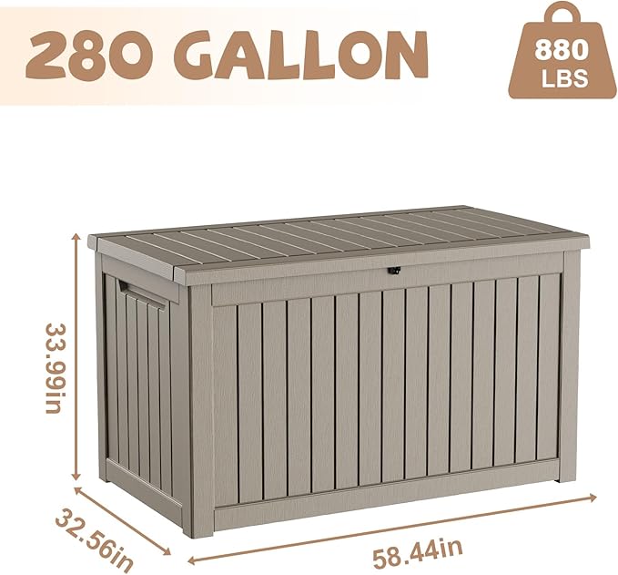 280 Gallon Outdoor Storage Deck Box Waterproof Resin Lockable Outside Bench Porch Patio Furniture Pool Float Garden Tool Cushion UV Resistant Bin Beige
