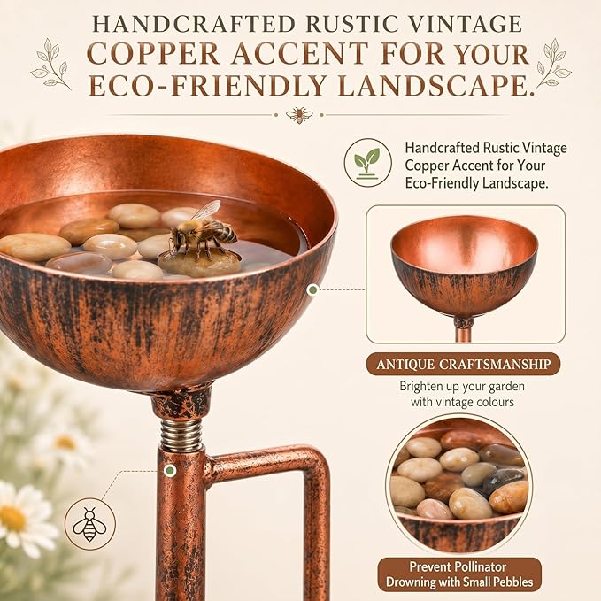Teenyyou 6 Pcs Bee Watering Station for Garden Bee Metal Watering Cups Butterfly Water Feeder Small Insects Bath Bowl Cups Metal Stakes for Outdoor Garden Decor, Copper
