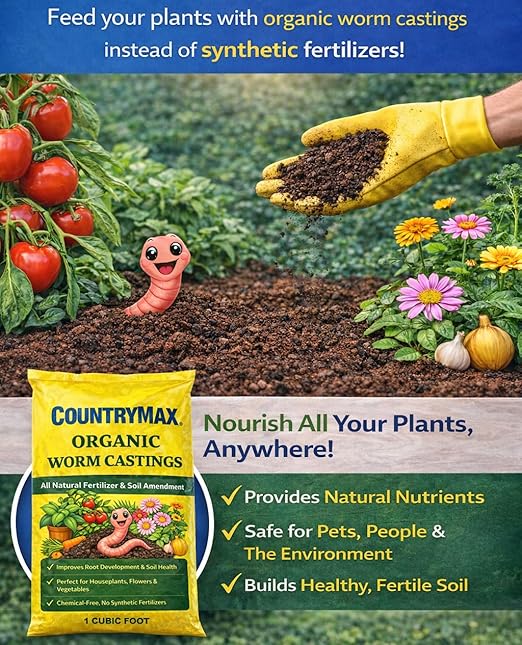 CountryMax Organic Worm Castings 8 Quart – All Natural Fertilizer for Strong Root Development, Ideal for Houseplants, Flowers & Vegetables, Chemical-Free Soil Amendment