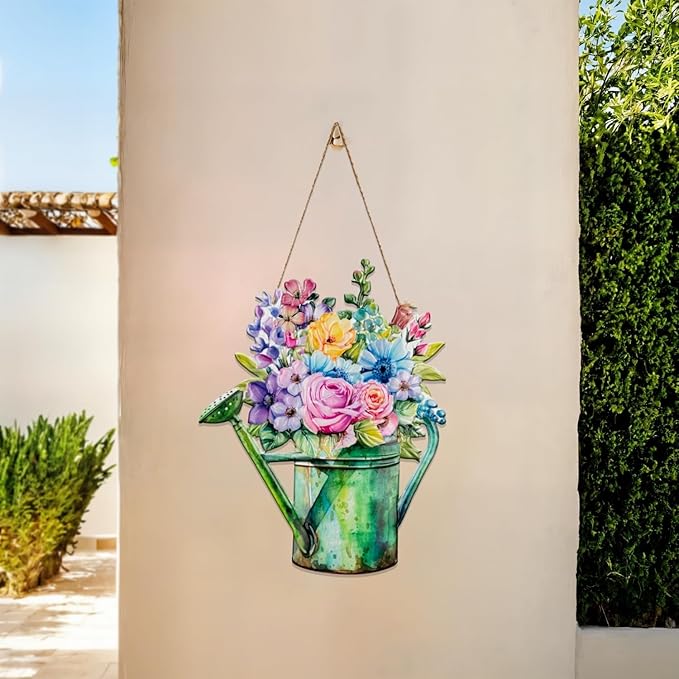 Quterhero Watering Can Flower Wall Decor, Metal Hanging Art for Indoor Outdoor Wall or Porch, Vintage Farmhouse Porch Decor Gift for Mom, Women, Friends(Cherry Blossom)