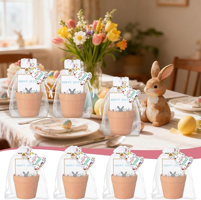 Ctosree 24 Sets Happy Easter Party Favors for Guests Easter Bunny Seed Packets Kit Including Self Adhesive Seed Packets Mini Flowerpots Bunny Tags Organza Bags for Basket Stuffers Gifts