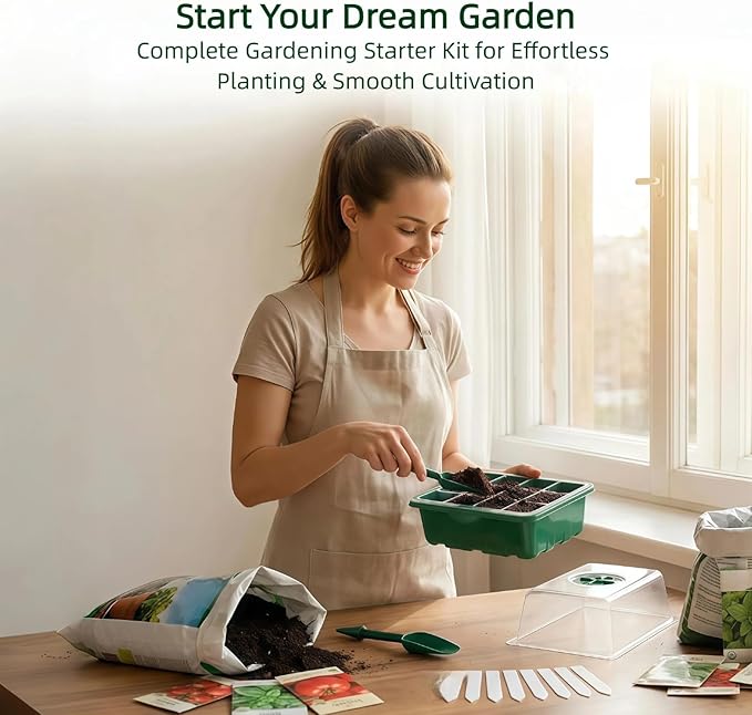 10 Pack Seed Starter Kit, 120 Cells Thickened Seed Trays with Humidity Dome, Base & Gardening Tools, Mini Greenhouse Germination Kit for Indoor Outdoor Vegetable Flower Growing