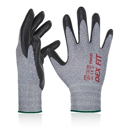 DEX FIT Nitrile Work Gloves FN330, 3 Pairs, 3D-Comfort Stretchy Fit, Firm Grip, Thin & Lightweight, Touch-Screen Compatible, Durable, Breathable & Cool, Machine Washable; Grey M (8)