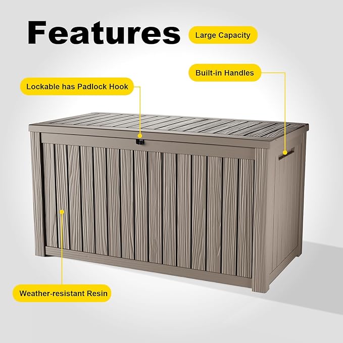 PatioZen 200 Gallon Deck Box,Resin Outdoor Storage Box with Lockable for Patio Furniture, Garden Tools Waterproof Outside Storage Box, Grey