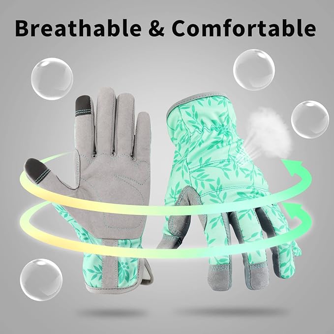 Leather Gardening Gloves for Women, Flexible Breathable Garden Gloves, Thorn Proof Working Gloves for Weeding, Digging and Pruning, Green, X-Small Fit Small Hand