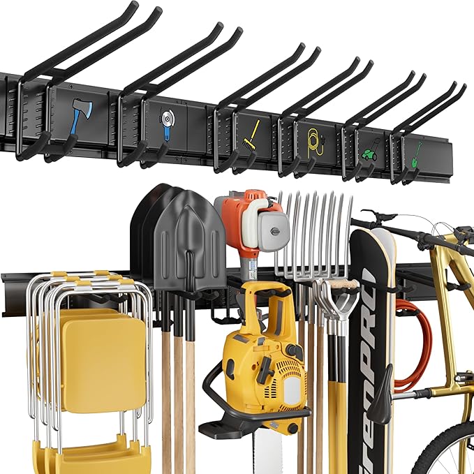 GRENPRO Garage Tool Organizer Wall Mount with 49.5 inches Rails and 6 Double-layer Hooks, Heavy Duty Tool Rack, Garage Storage Rack For Yard Tools