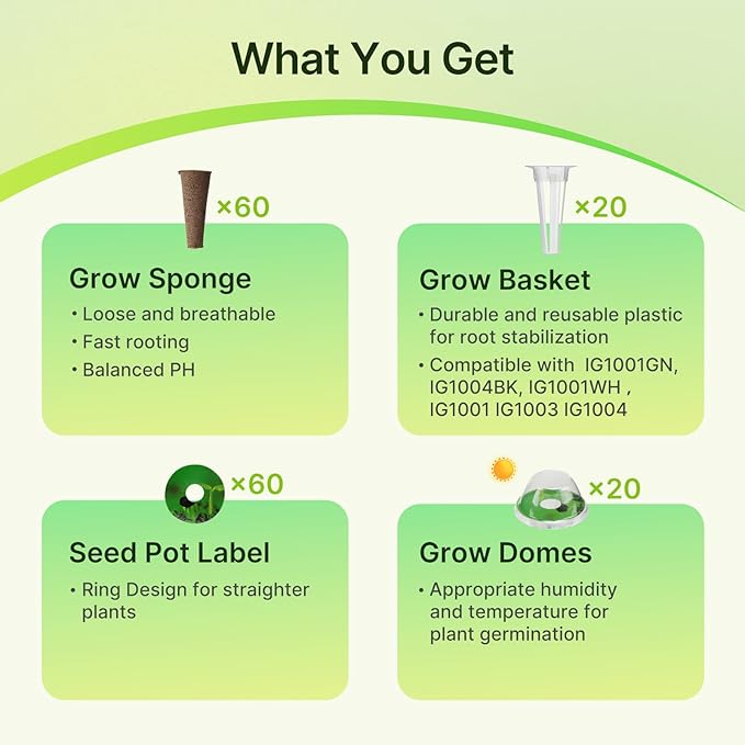 SUNCOZE 160pcs Hydroponic Pods, Accessories Compatible Other Hydroponics Growing Systems, Gardening Supplies Garden Pods Include 60 Grow Sponges, 20 Grow Baskets, 20 Domes, 60 Labels