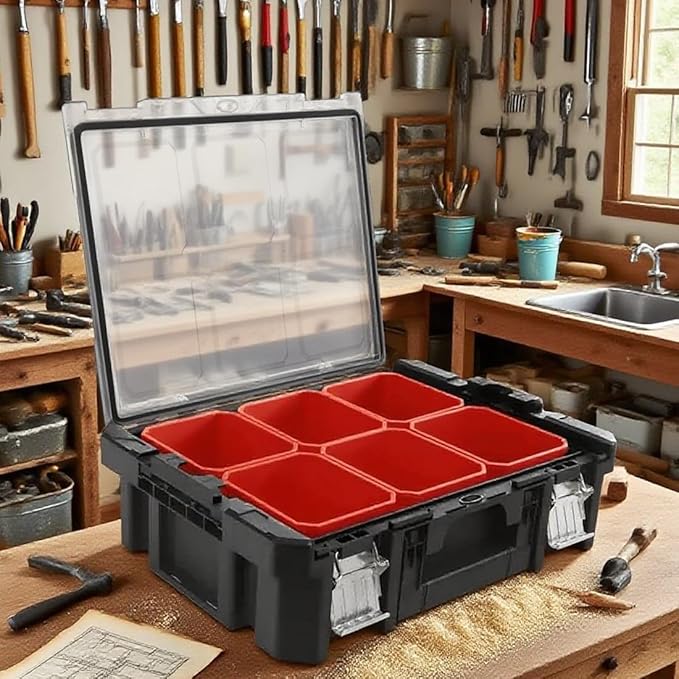 Anyyion Tool Box Organizer, 6 Movable Small Trays,Transparent Cover Plate,Small Component Toolbox, Detachable,Stackable,