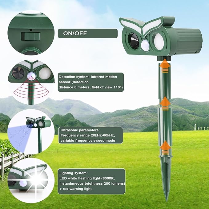 1Pack Solar Ultrasonic Animal Repellent Outdoor Deer Repellent Devices with Motion Detection&Flash Light Squirrel Rabbit Dog Cat Deterrent,Keep Rodent Chipmunk Raccoon Away for Yard