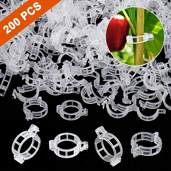 200PCS Plant Support Garden Clips, Vegetable Tomato Supports Trellis Clip Tape for Climbing Crop Vine Twine String Cage Ties Stakes, Grow Strawberry Rose Grape Cucumber Orchid Pea Pothos Melon Tree
