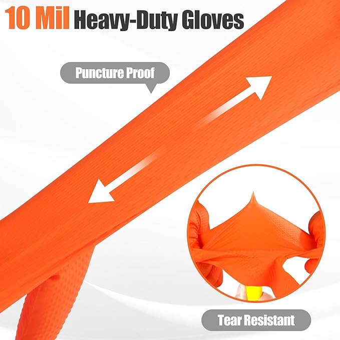 TREEGO Heavy Duty Orange Nitrile Gloves 10 Mil Disposable Rubber Work Gloves - Double Diamond Grip, Mechanic Rubber Gloves for Automotive & Industrial Use, Latex Free, 100 Count Medium