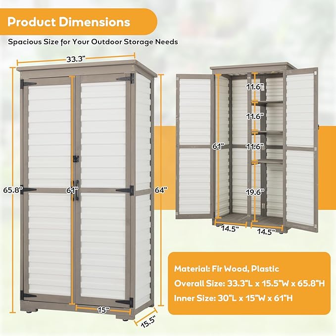 PetsCosset Outdoor Storage Cabinet with Shelves, Wood & Plastic Garden Shed, Weatherproof Outside Tool Cabinet for Patio, Backyard, Pool