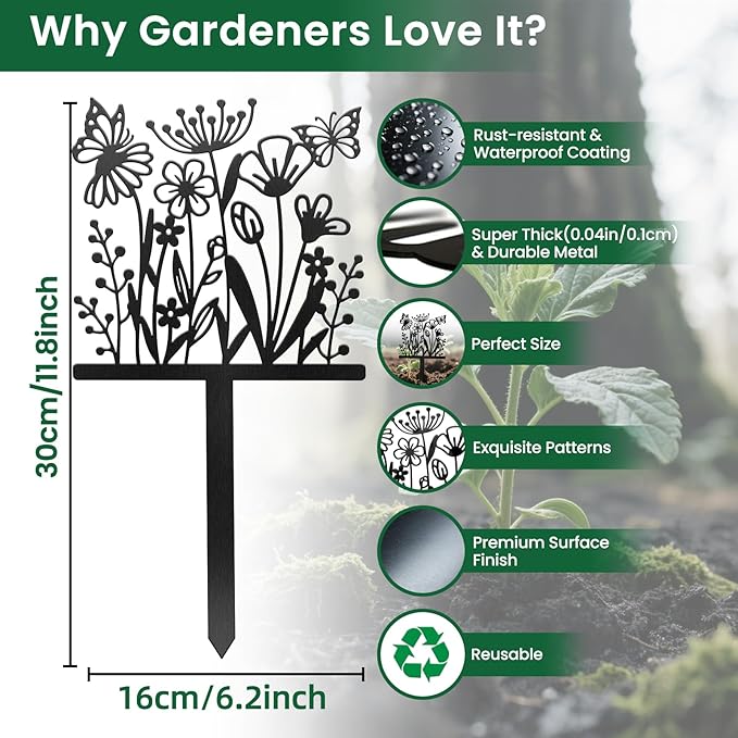 CUTHOLLOW Metal Plant Marker Stake Wildflowers and Butterflies for Outdoor Indoor, Waterproof 11.8 inch Cute Garden Plant Labels Sign Tag for Herb, Farmhouse Greenhouse Decor - Funny Gardening Gifts