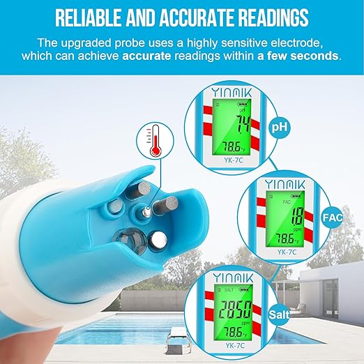 pH Chlorine Meter, Digital ORP Meter, Salinity Tester for Saltwater Pool, pH PPM EC Monitor for Hydroponics, SPA 7 in 1 pH Test Kit