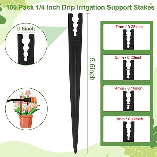 100 Pieces Drip Irrigation Support Stakes for 1/4 Inch Drip Tubing, 5.7 Inch 1/4" Dripline Hold Stakes for Irrigation System Hose & Emitter Support for Garden Hydroponics Growing