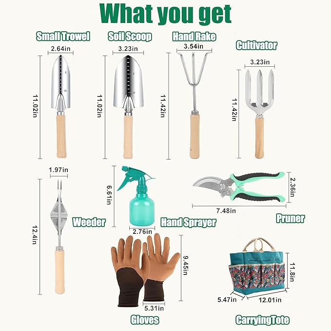 Garden Tool Set, 9 Pcs Heavy Duty Stainless Steel Gardening Hand Tool, Turquoise Garden Tool Bag Kit, Gardening Supplies Gifts for Women Men Mom Dad Gardener Beginner