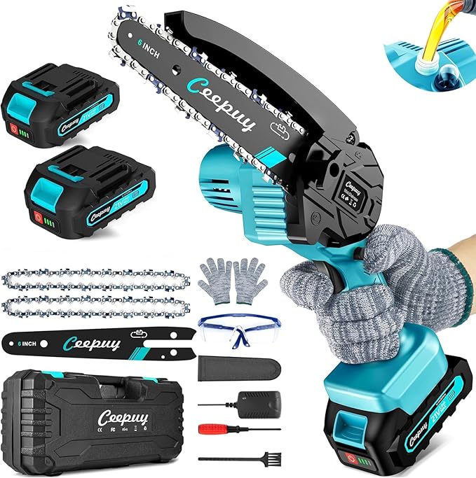 Mini Chainsaw Cordless,6 Inch Portable Electric Chain Saw, Automatic Oiler, Battery Powered Small Handheld Saw, Security Lock Trees Branches Trimming,Wood Cutting, 2 Batteries 2 Chains 2026