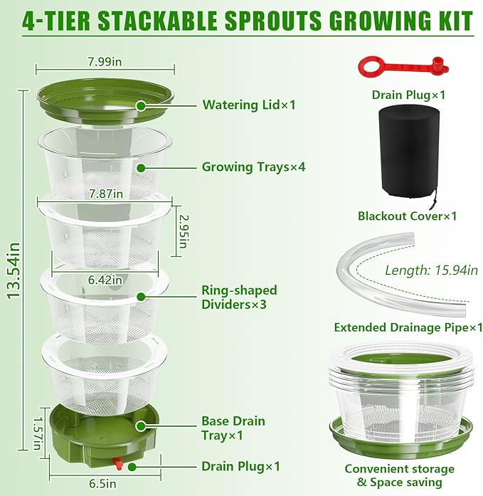 4-Tier Sprouts Growing Kit with Drain Hose & Ventilation Holes, Stackable Microgreens Growing Sprouting Trays Including Blackout Cover, Soil-Free Sprouter for Planting Broccoli Alfalfa Bean Seeds
