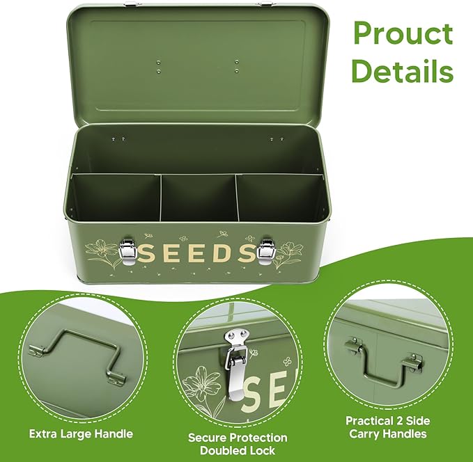 Seed Storage Organizer Box with 4 Compartments, Metal Seed Saving Box with Lockable Lid & Safety Locks, Includes 50 Seed Envelopes, 100 Plant Labels, 50 Clips & Marker (olive green)