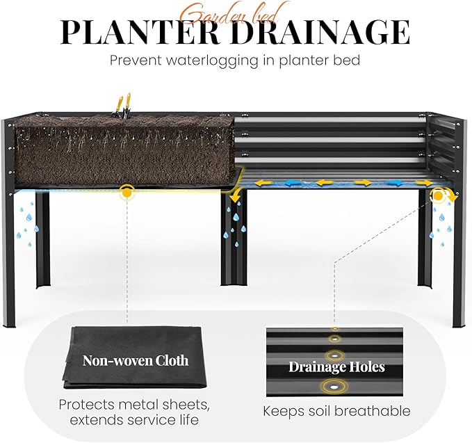 KING BIRD Large Raised Garden Bed with Legs & Storage Shelf Galvanized Elevated Planter Box for Backyard, Patio, Balcony, 600lb Capacity, Dark Grey 70.9x22.8x31.5 in