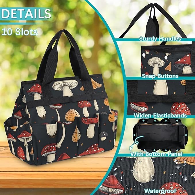 Garden Tool Bag Organizer Garden Tote Bag with Pockets Black Mushroom Tool Storage Organizer Gardening Tool Kit Holder 13" x 6.8" x 2.8"