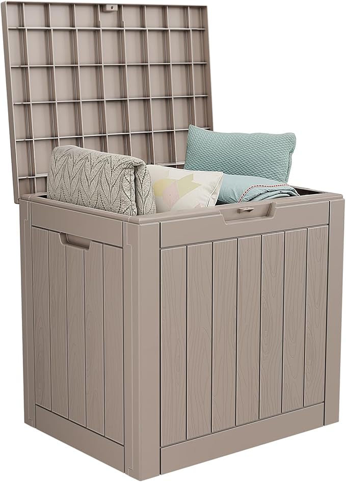 PatioZen 30 Gallon Deck Box,Resin Outdoor Storage Box with Lockable for Patio Furniture, Garden Tools Waterproof Outside Storage Box, Grey
