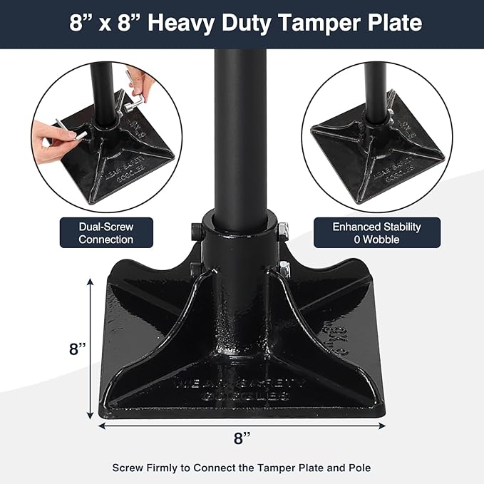 Heavy Duty Hand Tamper 8"x8" Steel Ground Tamper Tool – Manual Landscaping Tamping for Soil, Dirt, Concrete, Asphalt, Driveway & Pavement Repair, 58" Handle Garden Leveler