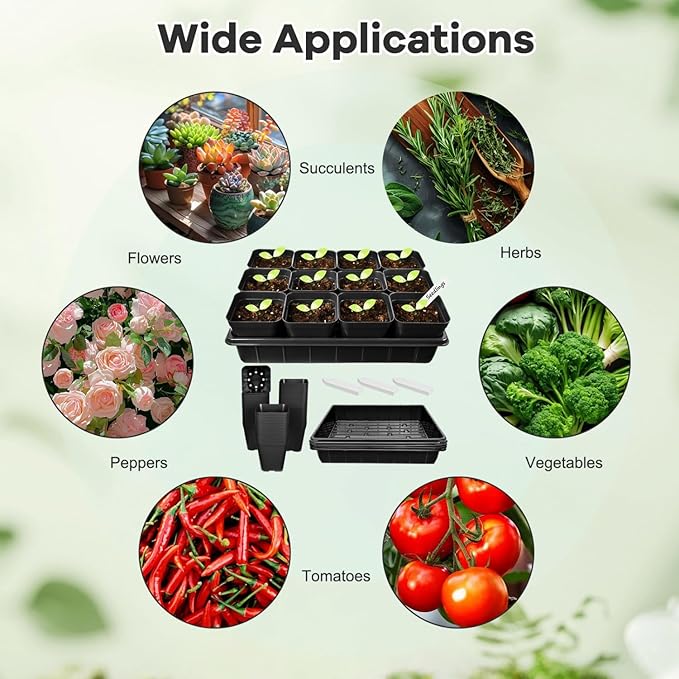 June Fox 4 Inch Nursery Pots for Plants, 5 Pcs Seed Starter Tray Kit, 60 Pcs Plastic Seedling Pots with Drain Holes, 60 Plant Labels (Black)