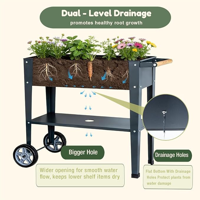 Raised Garden Bed Outdoor with Wheels, Leg and Wooden Handle, 36.2x13.4x32.3in, 400lb Cap, Metal Elevated Raised Planter Box for Herb, Vegetable, Perfect for Backyard, Balcony, Light Black