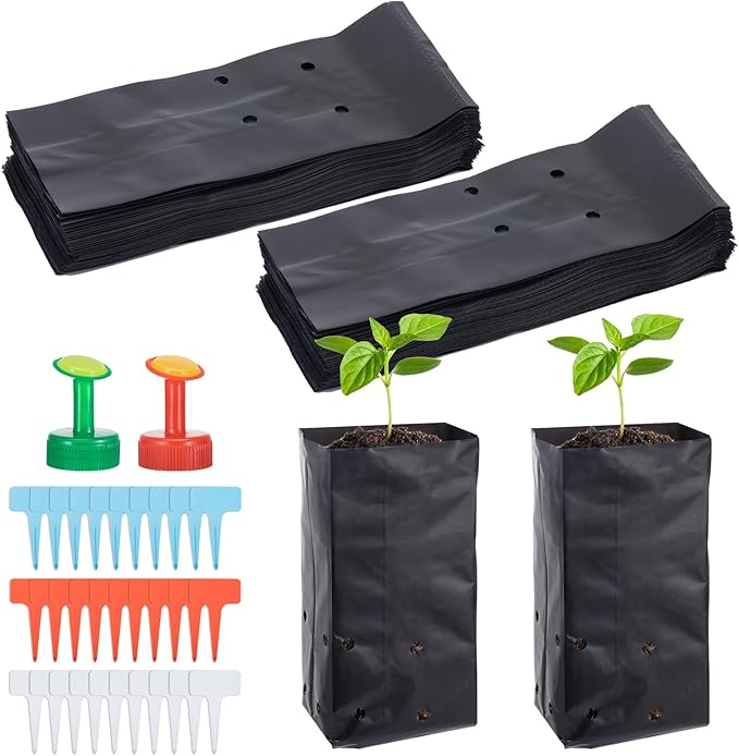 100 Pcs Nursery Growing Bags Seedling Starter Bags with 30 Plant Labels & 2 Mini Watering Sprinklers,Plant Grow Bags Plants Pots Plastic Pouches for Garden Trees,Flowers, Vegetable(7.5x3.8x2.6 Inch)