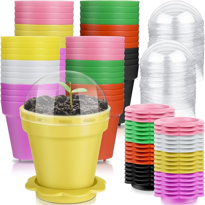 Domensi 80 Pcs 3" Cupcake Plant Nursery Pots with Humidity Dome and Saucer Small Plastic Gardening Pot Plant Containers Cups Seedling Planter Seed Starter Pots for Flower Succulent Indoor (Multicolor)