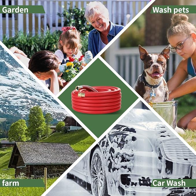 25FT 5/8 Heavy Duty Rubber Garden Hose - 300psi Working, 1000psi Burst - Hot/Cold Water - Five-Layered Braiding for Durability - Versatile for Gardening, Agriculture, Construction(Red)