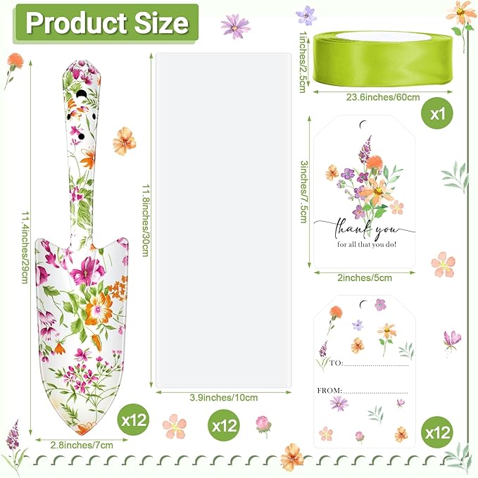 Capoda 12 Sets Floral Garden Shovels Bulk Gardening Gift for Women Garden Tools Floral Hand Heavy Duty Christmas Trowels Thank You Cards with Bags for Mom Gift Birthday Teacher(Green,Classic)