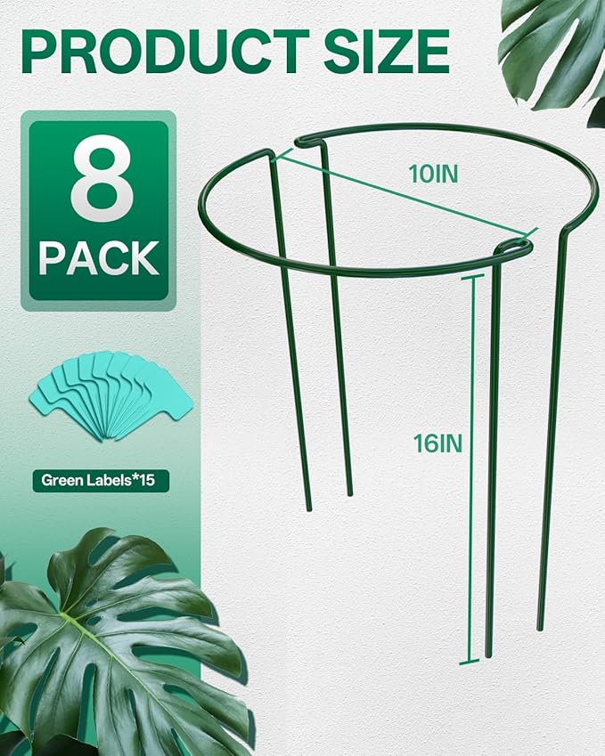 Breeze Touch 8 Pack Plant Support Stakes, 16 Inch Plant Stakes for Outdoor Plants, Peony Cage with 15 Pcs Green Lables, Peony Cages and Supports, Peonies Support Cages Flower Stakes for Plants