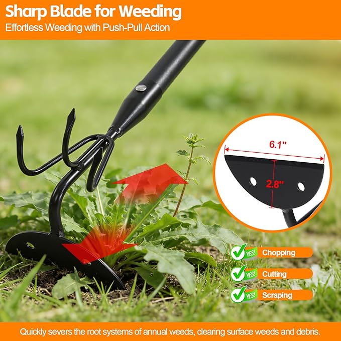 52" Heavy Duty 2-in-1 Hoe & Tiller Rake Garden Tool, 3-Tine Cultivator for Weeding and Soil Loosening, Long Handle Stand Up Digging Tool for Gardening and Planting