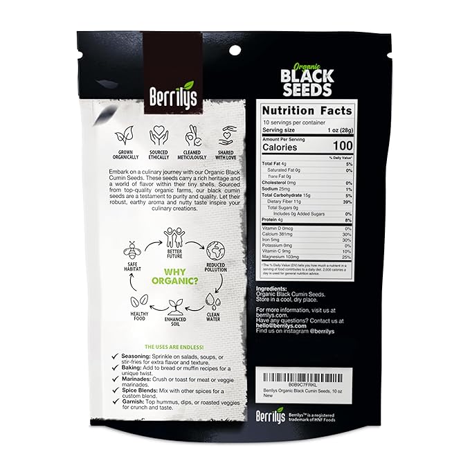 Berrilys Black Seeds - USDA Organic Nigella Sativa, Kalonji & Black Cumin Seeds, Vegan, Gluten-Free - Pure Spice & Health Food, Enhances Flavor of Dishes, Nutrient-Rich, Premium Quality - 10oz