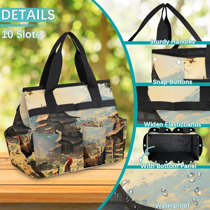 Garden Tool Bag Organizer Garden Tote Bag with Pockets Courtyard Rooster Animal Tool Storage Organizer Gardening Tool Kit Holder 13" x 6.8" x 2.8"