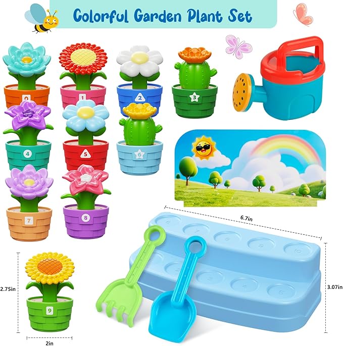 Marlrin Montessori Flower Garden Building Toy for Toddlers, Kids Gardening Set with Watering Can, Shovel, Rake, Shape & Color Sensory Toys, Toddler Outdoor Toys,Preschool Gift for Baby Girls Boys
