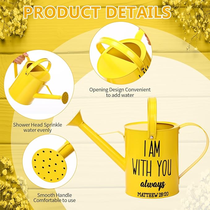 1. 6l Christian Galvanized Metal Watering Can with Inspirational Bible Verses Small Christian Religious Gardening Can Church Gift for Women for Outdoor House Indoor Plants(Yellow,1.6 L)
