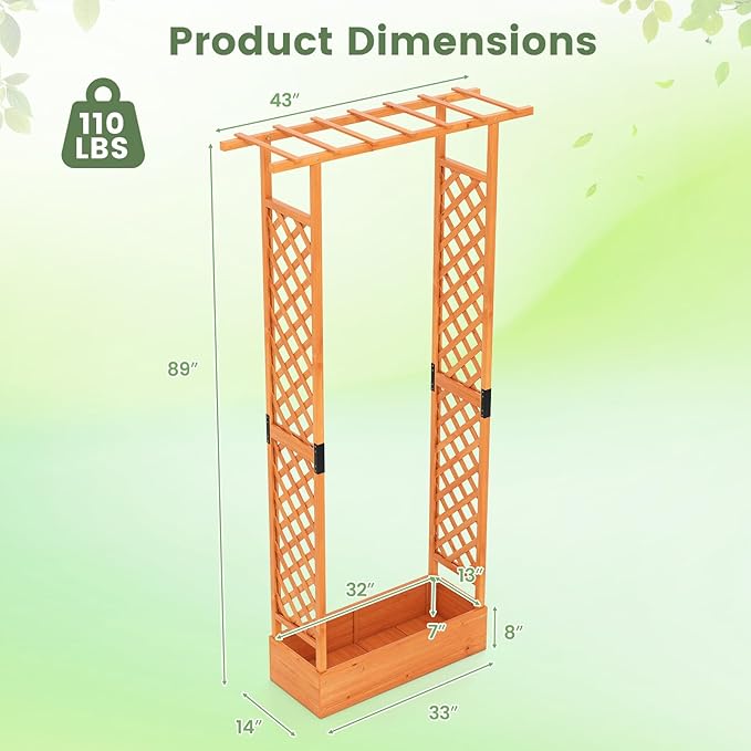 Giantex Wooden Raised Garden Bed with Trellis & Hanging Roof, 2 Pack Fir Wood Planter Box, 89” Freestanding Elevated Garden Bed for Outdoor Climbing Plants Vegetables Flowers, Patio & Balcony, Orange