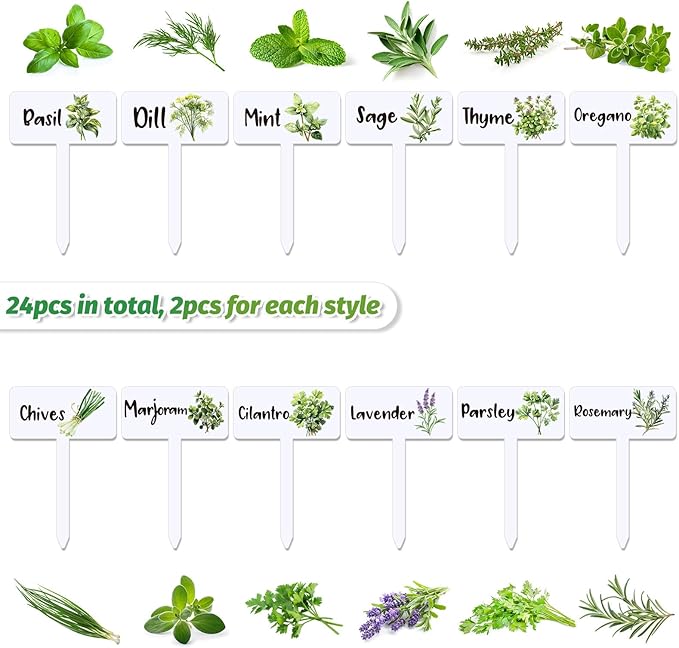 JarThenaAMCS 24Pcs Acrylic Plant Label Signs 12 Styles T-Type Herb Garden Markers Waterproof Reusable Plant Stake Tags with Names for Spring Summer Nursery Indoor Outdoor Garden Decoration