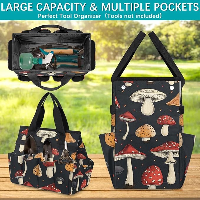 Garden Tool Bag Organizer Garden Tote Bag with Pockets Black Mushroom Tool Storage Organizer Gardening Tool Kit Holder 13" x 6.8" x 2.8"