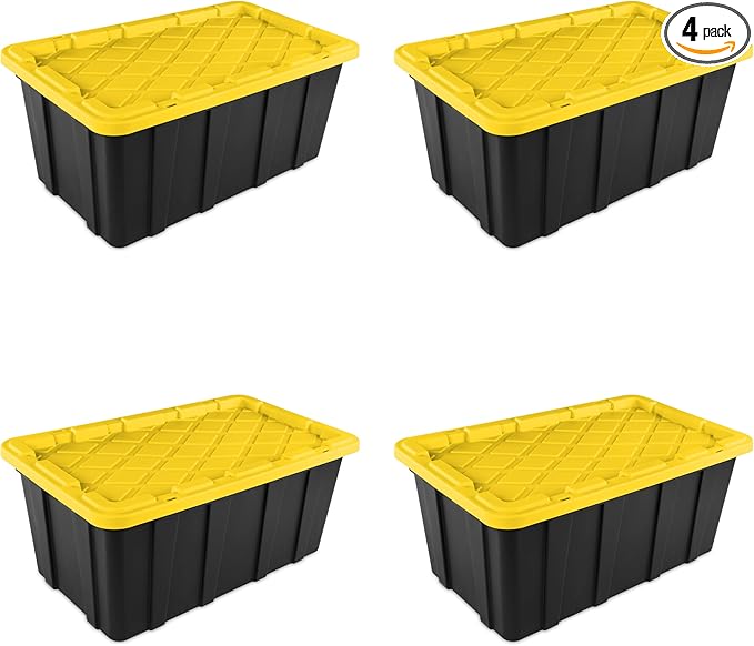 Sterilite 38 Gal Industrial Tote, Stackable Storage Bin with Snap-Fit Lid for Garage, Basement & Attic Storage, Black Base and Yellow Lily Lid, 4-Pack