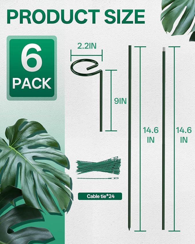 Breeze Touch 6 Pack Plant Stakes, 35.4 Inch Plant Support Stakes with 15 Twist Ties, Plant Sticks Support, Flower Stakes for Plants Peony, Tomato Seedling, Marigold, Amaryllis, Sapling, Coreopsis
